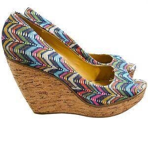 Nine West Wild Thing Blue Peeptoe Geometric Wedges Heels Size 9.5